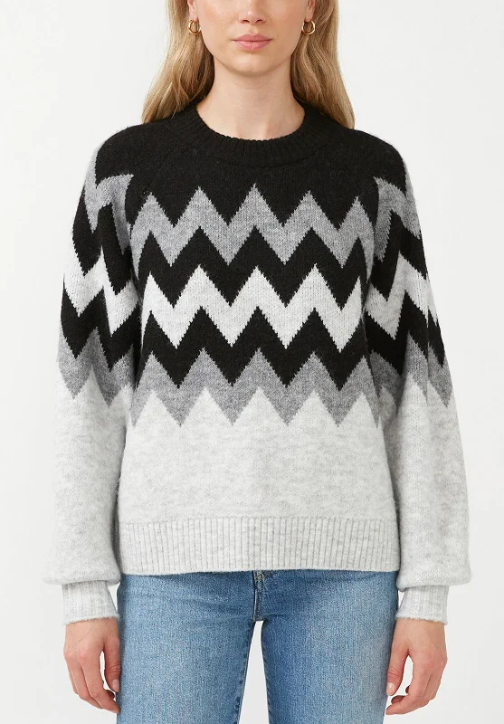 Nerissa Women's Crewneck Sweater in Black & Grey Chevron Print - SW0023F Fitted Slim Tailored Nerissa Women's Crewneck Sweater in Black & Grey Chevron Print - SW0023F Fitted Slim Tailored