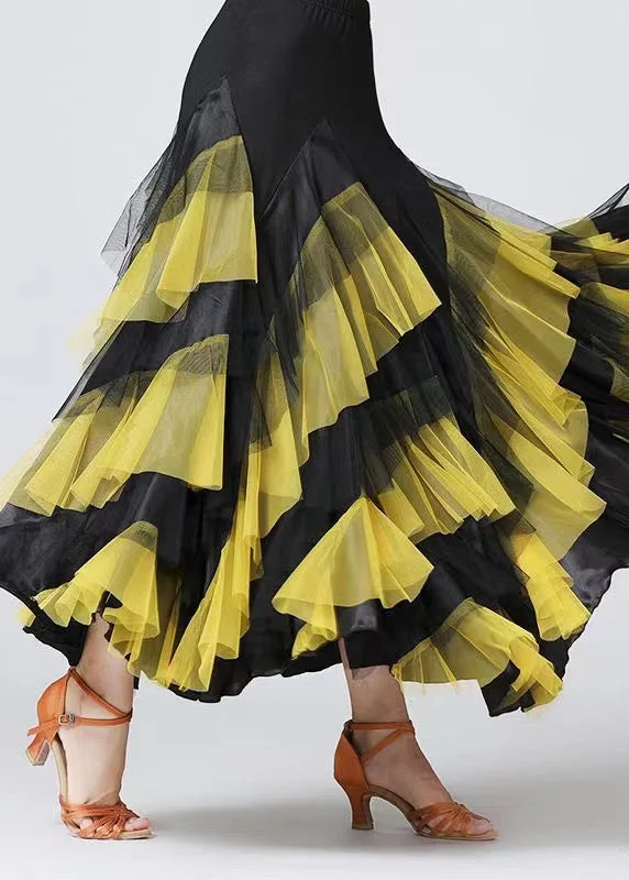 New Yellow Wrinkled Patchwork Elastic Waist Tulle Skirts Spring velvet skirt luxury