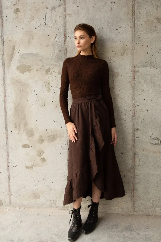 Ponte Wrap Skirt Chocolate ribbed skirt waist