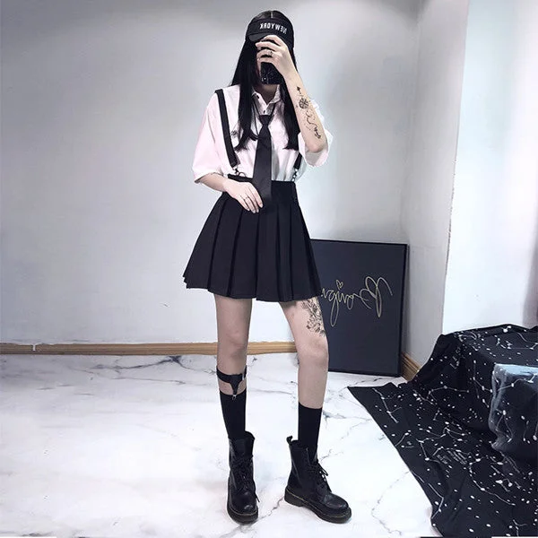 Punk black strap skirt yv42236 high slit skirt