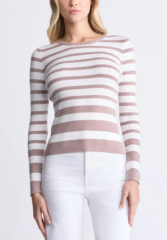 Scotlyn Women's Striped Long-Sleeve Sweater, White & Tan - SW0103H Solid Print Embellished Scotlyn Women's Striped Long-Sleeve Sweater, White & Tan - SW0103H Solid Print Embellished