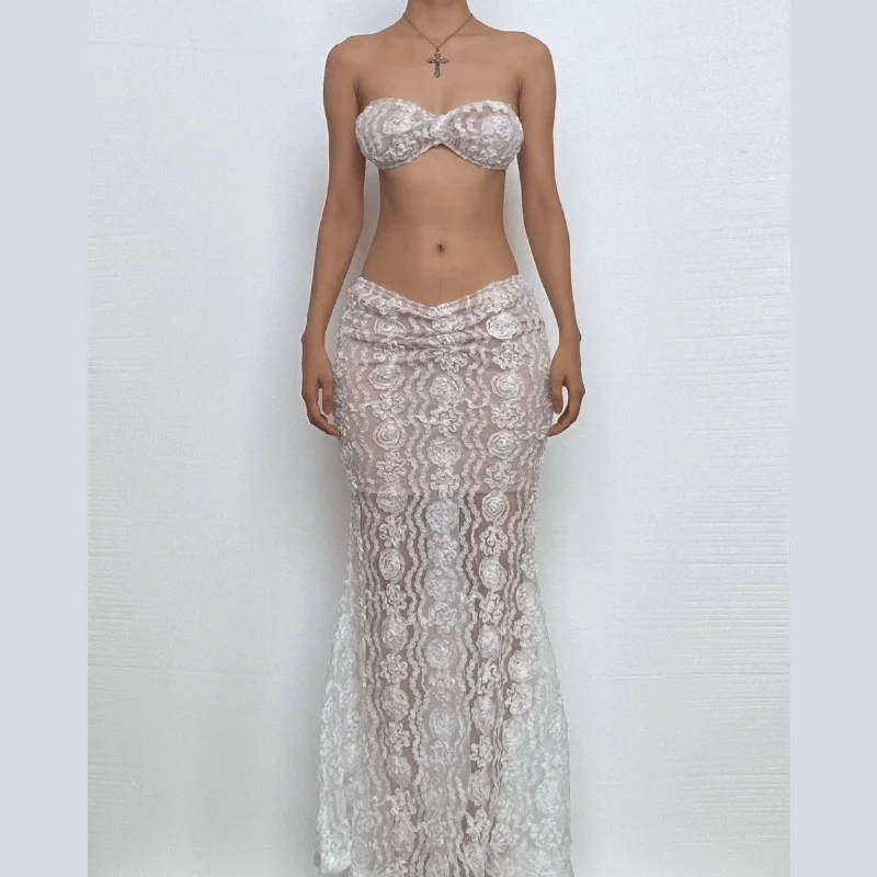 Sheer lace see through cami maxi skirt set seamless skirt comfort