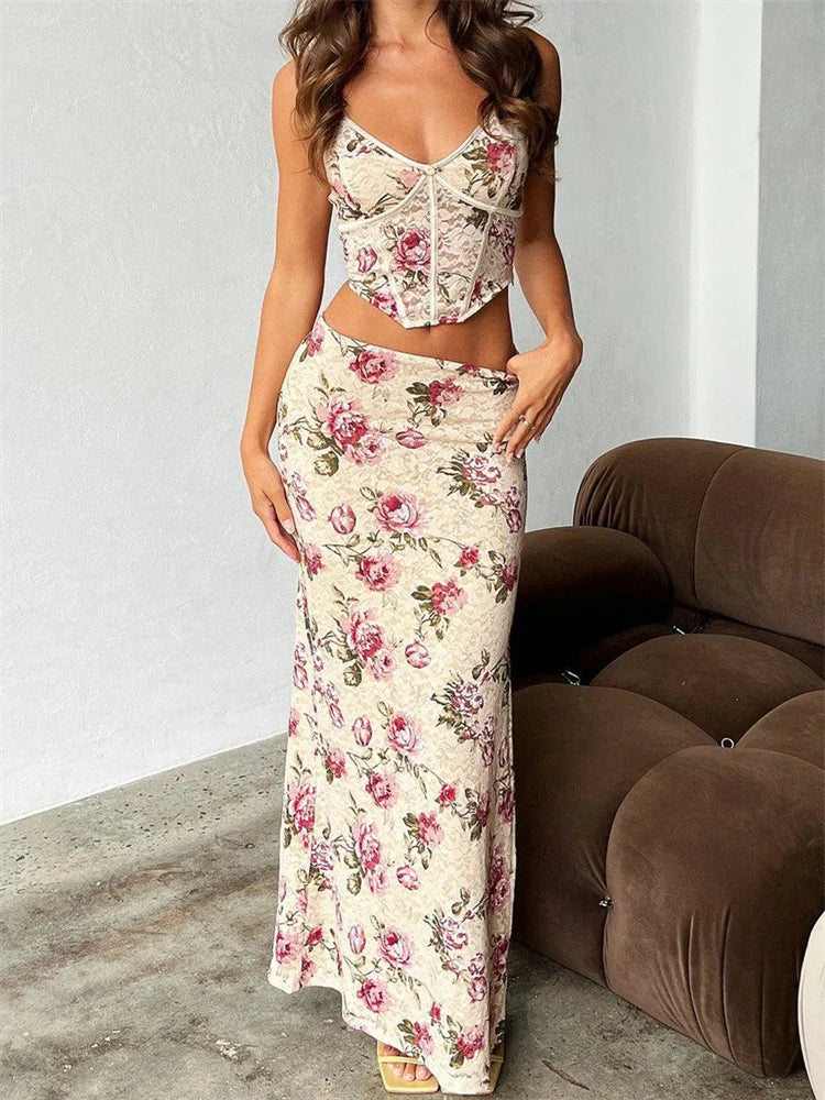 JuliaFashion - Sleeveless Strap V-neck Camis Tops High Split Long Skirts Suits asymmetrical skirt cut