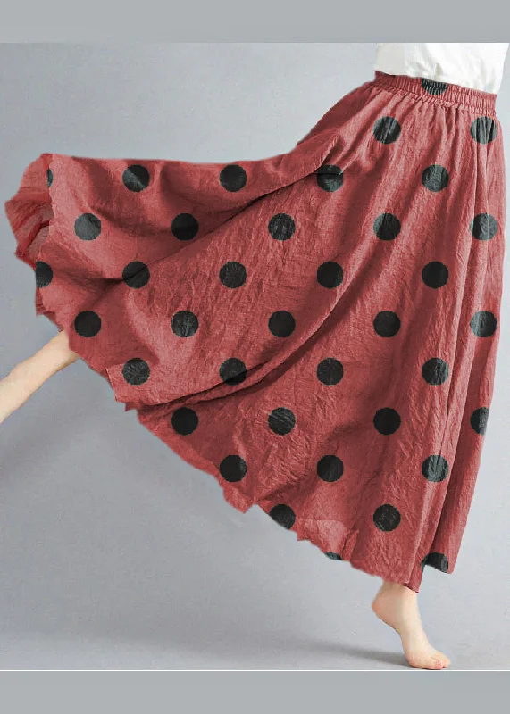 Style Brown polka dots Elastic Waist Exra Large Hem Cotton Linen A Line Skirts Summer leather skirt durable