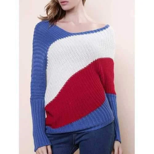 Sweet Style Scoop Neck Batwing Sleeve Color Stripe Knitting Women's Sweater - Blue One Size Zippered Buttoned Snapped Sweet Style Scoop Neck Batwing Sleeve Color Stripe Knitting Women's Sweater - Blue One Size Zippered Buttoned Snapped