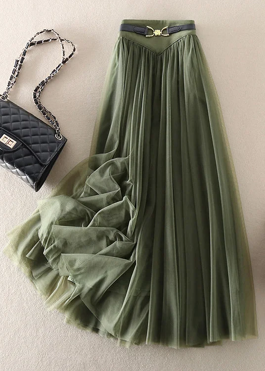 Women Green Wrinkled Elastic Waist Patchwork Tulle Skirts Fall leather skirt bold